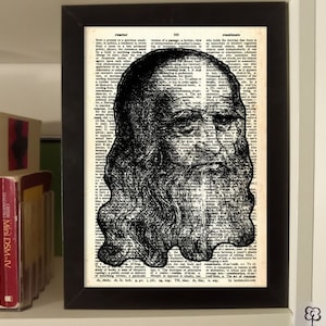 辞書のページに描かれたレオナルド・ダ・ヴィンチの自画像。イタリア製！レオナルド・ダ・ヴィンチのアートプリントポスター。イタリアの画家であり科学者。