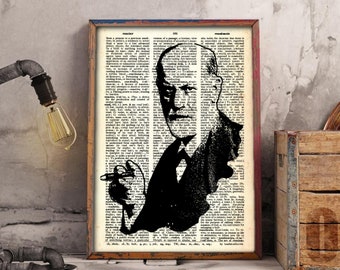 Cool Sigmund Freud Portrait. Printed on dictionary page. Psychology office decor. Psychology passionate. Gift idea for psychology student.