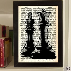 Queen and King of Chess printed on real dictionary page. Also metaphor of love and couple relationship. Chess lovers gift, Anniversary gift.