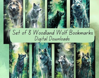 8 Watercolor Woodland Wolf Bookmarks – Set of 8 (Digital Download)