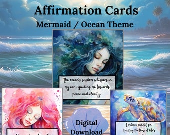 54 Printable Positive Affirmation Cards -Mermaid Ocean Theme- Digital Download
