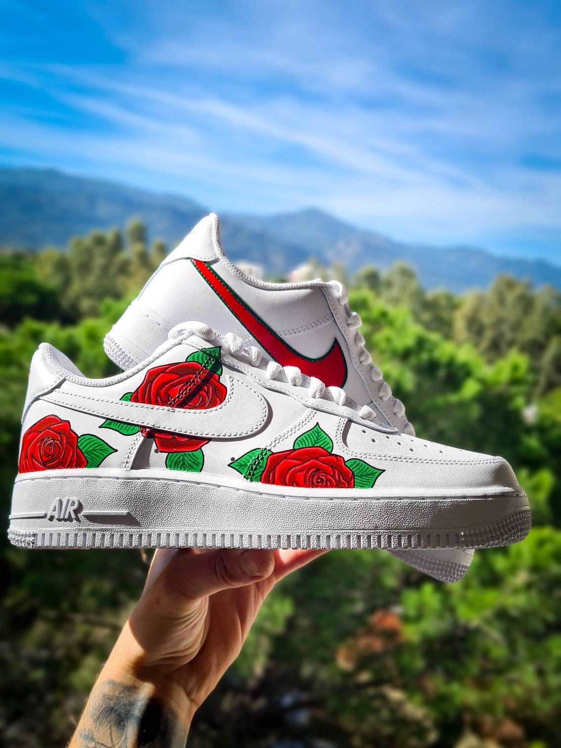 white forces with roses