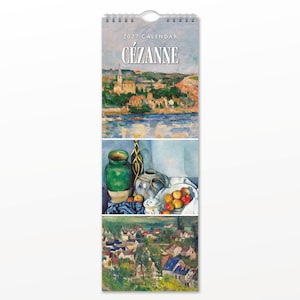 May include: A 2027 wall calendar featuring the art of Cézanne. The top section displays a landscape painting of a town by a body of water. The middle section shows a still life with a green vase, a pitcher, and a bowl of apples. The bottom section depicts a landscape painting of a village with houses.