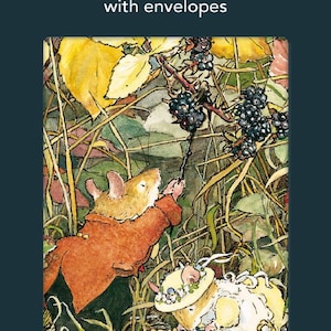 May include: A pack of 8 notecards with envelopes featuring a watercolour illustration of two mice picking blackberries in a field. The packaging is dark green with the text 8 Notecards with envelopes, Zero Plastic, and Museums & Galleries.