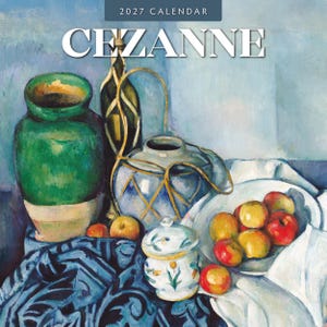 May include: A 2027 calendar featuring a Cezanne still life painting. The artwork displays a large green vase, a blue and white vessel with gold netting, a small floral lidded jar, and a bowl of red and yellow apples on a blue cloth.