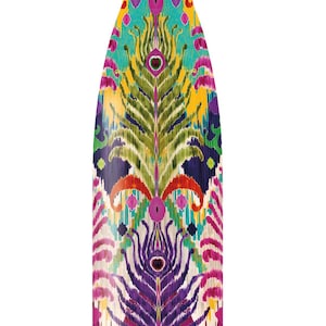 May include: A patterned water bottle with a gold lid. The bottle's design is a mix of purple, pink, yellow, green, and blue, forming a decorative pattern. The design resembles a stylized feather or floral motif, creating a decorative and eye-catching look.