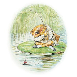 May include: A charming watercolour illustration depicts a frog fishing from a lily pad. The frog, dressed in a white shirt, sits cross-legged, holding a fishing rod. A red and white float bobs in the water. Reeds and water form the background.