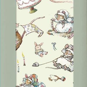 May include: Cream-coloured tissue paper with illustrations of mice and rabbits. The design includes a birthday cake, toys, and the text "Tissue Paper 4 Sheets". The Brambly Hedge logo is in the upper left corner. The paper is marked as "Zero Plastic".