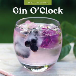 May include: A clear glass filled with a light pink liquid, ice cubes, dark berries, and purple flower petals. Above the glass, the text reads 2027 CALENDAR and Gin O'Clock in white and green. A pink polka-dot straw is visible at the bottom left corner.