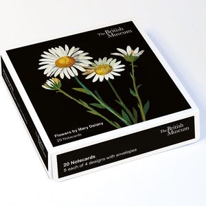 May include: A square box containing 20 notecards with envelopes, featuring a black cover with a botanical illustration of white daisies by Mary Delany. The text reads The British Museum, Flowers by Mary Delany, 20 Notecards, and 5 each of 4 designs.