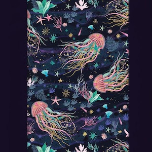 May include: Tissue paper with a dark blue background featuring a repeating pattern of jellyfish, coral, and sea plants in pink, green, and gold. The text "IMAGINARIUM" and "Tissue Paper 4 Sheets" are at the top.