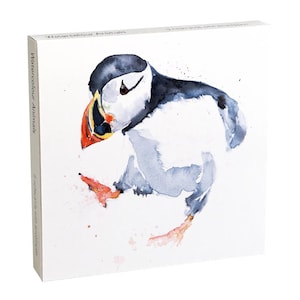 May include: A square box set titled Watercolour Animals containing notecards with envelopes. The packaging features a watercolour illustration of a puffin with a black head, white body, and a bright orange and black beak against a white background.