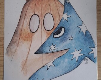 Op de afbeelding: Waterverfillustratie van twee grillige personages. De ene is een bruine, pompoenvormige figuur met grote ovale ogen, bekroond met een klein dorp en geweivormige structuren. De andere is een blauwe, met sterren bedekte, driehoekige figuur met één oog.