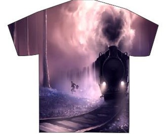 May include: T-shirt featuring a fantasy scene with a steam train on tracks, a running figure, and a misty forest background. The design incorporates shades of purple, gray, and black, creating a dramatic and atmospheric effect. The shirt is a standard crew neck.