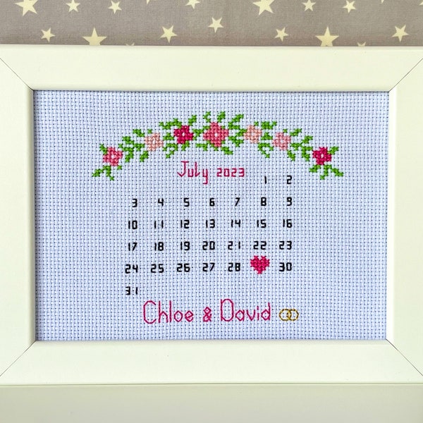 Custom Calendar Cross Stitch Needlepoint Picture Frame, Personalised, Wedding, Anniversary, Romantic Gift