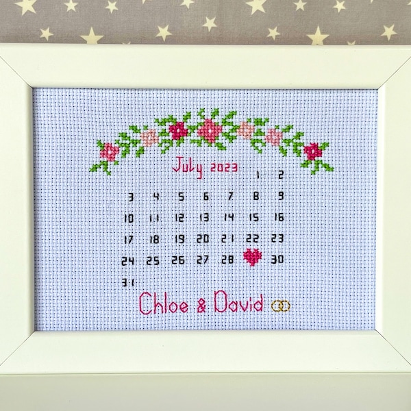 Custom Calendar Cross Stitch Needlepoint Picture Frame, Personalised, Wedding, Anniversary, Romantic Gift