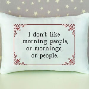 A rectangular pillow made with white fabric. The text "I don't like morning people or mornings or people." is cross stitch embroidered on the pillow in lowercase using black thread. The pillow has a maroon cross stitched border with a classic design cross stitched on each corner of the border.