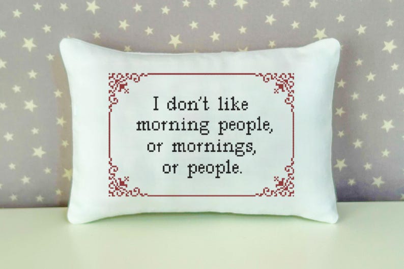 A rectangular pillow made with white fabric. The text "I don't like morning people or mornings or people." is cross stitch embroidered on the pillow in lowercase using black thread. The pillow has a maroon cross stitched border with a classic design cross stitched on each corner of the border.