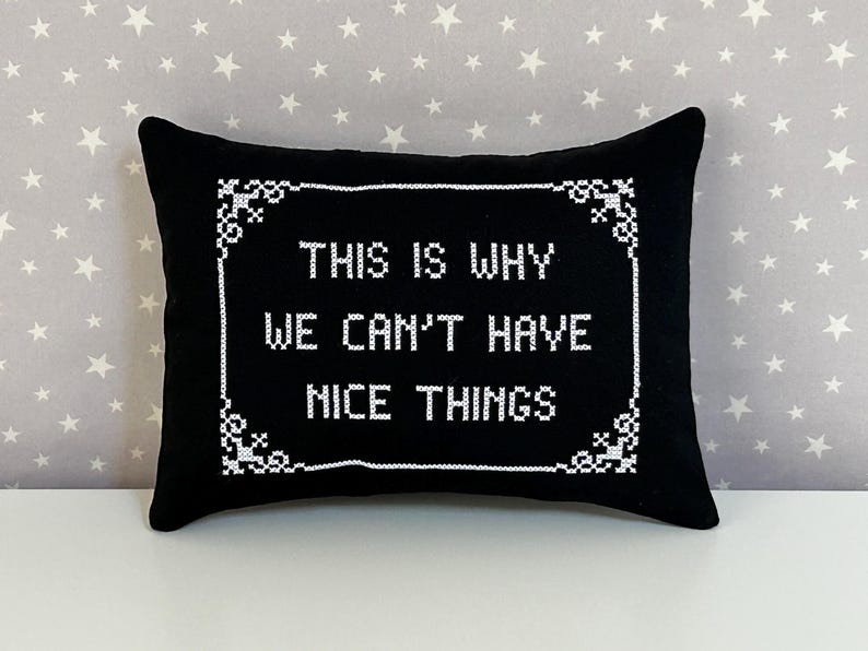 May include: A rectangular black throw pillow featuring white cross-stitch embroidery. The center text reads "THIS IS WHY WE CAN'T HAVE NICE THINGS" enclosed within a decorative white cross-stitch border with ornate corner details.