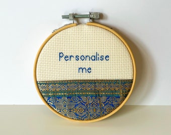 Personalised cross stitch embroidery hoop, blue and gold distressed silk fabric, custom message gift