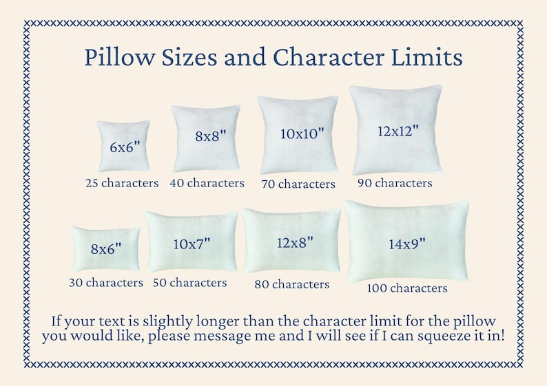 Chart showing 8 different sized square and rectangular pillows with the following sizes and character limits on each pillow:
6x6 inch – 25 characters
8x6 inch - 30 characters
8x8 inch - 40 characters
10x7 inch - 50 characters
10x10 inch - 70 characters
12x8 inch - 80 characters
12x12 inch - 90 characters
14x9 inch - 100 characters
The bottom of the chart states "If your text is longer than the character limit of the pillow you would like, please message me and I will see if I can squeeze it in!"