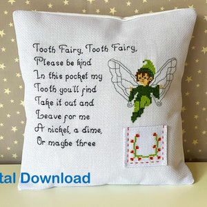 Descarga digital: Patrón de diseño de punto de cruz de almohada del Hada de los Dientes