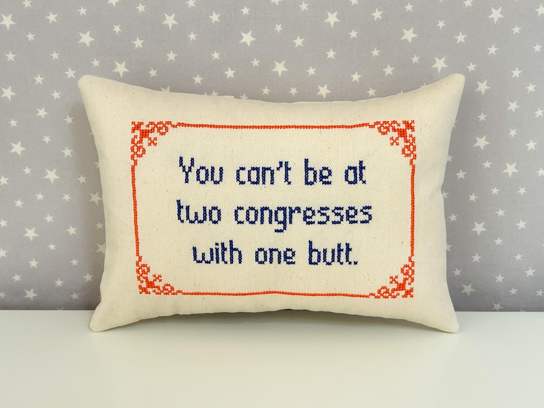 May include: A rectangular off-white throw pillow featuring a cross-stitched design. The text reads, "You can't be at two congresses with one butt." The lettering is in dark blue, enclosed within a decorative orange rectangular border.