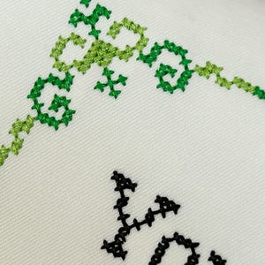 May include: A white fabric surface featuring cross-stitch embroidery. A decorative corner border is stitched in varying shades of green thread, forming intricate scrollwork patterns. Below the border, black thread forms the partial letters Y and O.