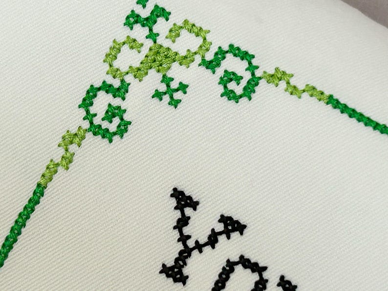 May include: A white fabric surface featuring cross-stitch embroidery. A decorative corner border is stitched in varying shades of green thread, forming intricate scrollwork patterns. Below the border, black thread forms the partial letters Y and O.