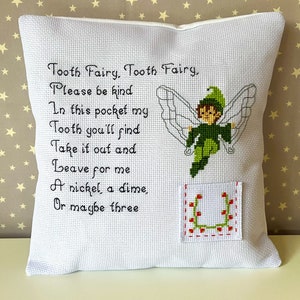 Almohada de Hada de los Dientes hecha a mano, diseño de punto de cruz, poema del Hada de los Dientes