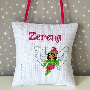 Hand Stitched Personalized Tooth Fairy Pillow, Custom Name and Colours, Square Pillow with Hanging Ribbon, Unique Gift for Kids