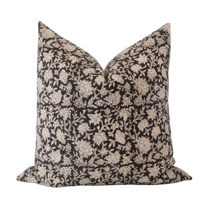 TUULA || Black Block Print Pillow Cover Black Floral Pillow Cover Moody Floral Pillow Floral Block Print Black Floral Cushion Dark Floral