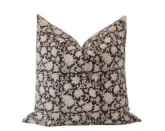 TUULA || Black Block Print Pillow Cover Black Floral Pillow Cover Moody Floral Pillow Floral Block Print Black Floral Cushion Dark Floral