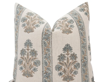 AANYA || Muted Blue Floral Pillow Cover Blue Block Print Pillow Farmhouse Pillow Blue Grey Floral Pillow Spring Pillow Designer Pillow