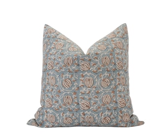 CELESTE || Designer Blue Floral Linen Pillow Cover Block Print Pillow Farmhouse Pillow Spring Pillow Muted Blue Pillow Brown Floral Pillow