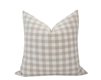 DALLAS || Beige Gingham Pillow Cover Neutral Gingham Pillow Beige Check Pillow Spring Pillow Farmhouse Pillow Tan Gingham Linen Pillow Cover