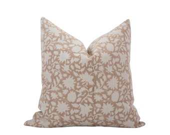HAZEL || Designer Tan Floral Linen Pillow Cover Block Print Pillow Sand Floral Pillow Modern Farmhouse Pillow Neutral Floral Pillow Cover
