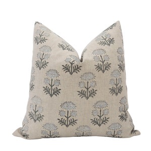 DEVIN || Block Print Pillow Cover Gray Floral Pillow Cover Neutral Floral Pillow Designer Linen Pillow Natural Linen Pillow Summer Floral