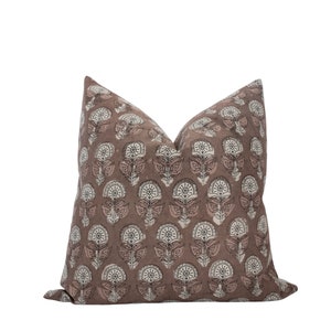 AMIRA || Medium Brown Floral Pillow Cover Brown Block Print Pillow Moody Brown Pillow Farmhouse Floral Pillow Dark Brown Pillow Cover