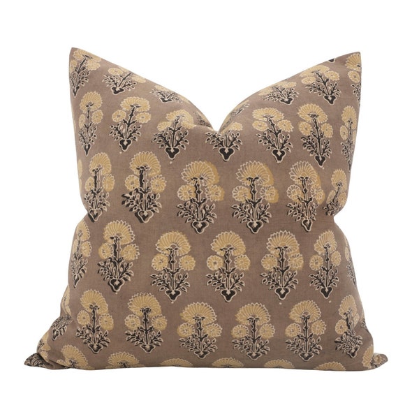 MISHA || Brown Floral Pillow Cover Brown Block Print Pillow Cover Neutral Floral Pillow Brown Cushion Chocolate Brown Floral Pillow Case