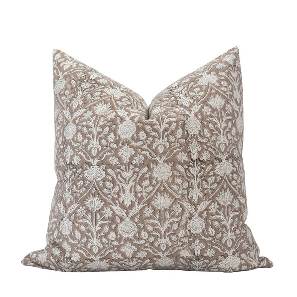 HALEY || Beige Brown Floral Pillow Cover Beige Floral Pillow Brown Block Print Pillow Cover Taupe Floral Pillow Modern Farmhouse Floral