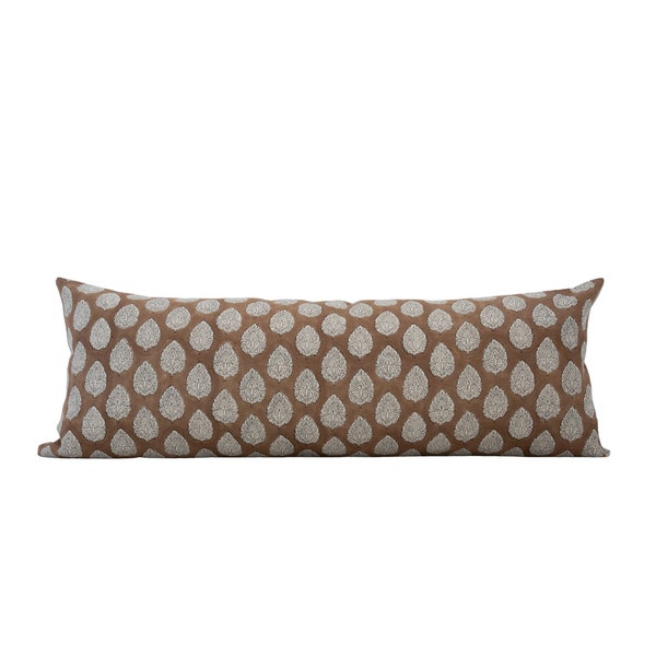 RAYNA || 14x36 Caramel Block Print Pillow Cover Brown Floral Pillow Cover Fall Pillow Camel Pillow Designer Linen Pillow Brown Long Lumbar