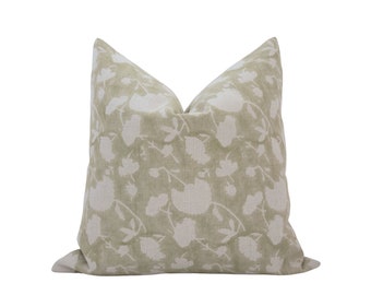 ELLIE || Sage Green Floral Pillow Cover Green Block Print Pillow Muted Green Pillow Farmhouse Pillow Neutral Green Pillow Cottage Pillows