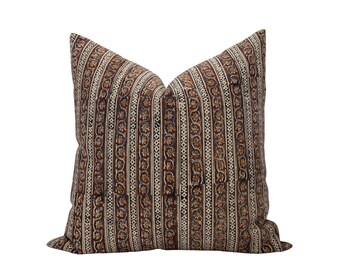 ANAN || Brown Floral Pillow Cover Brown Block Print Pillow Moody Floral Cottage Floral Dark Brown Stripe Pillow Modern Farmhouse Floral