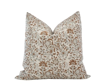 MILA CINNAMON || Designer Brown and Gray Floral Linen Pillow Cover Block Print Pillow Farmhouse Pillow Brown Floral Pillow Muted Pillow
