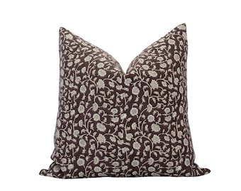 SIERRA || Designer Plum Floral Linen Pillow Cover Block Print Pillow Farmhouse Pillow Moody Floral Throw Pillow Burgundy Floral Pillow Cover