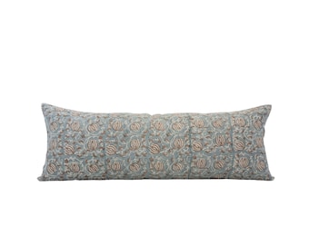 CELESTE || 14x36 Blue and Brown Floral Linen Pillow Cover Block Print Pillow Floral Long Lumbar Bed Pillow Blue Floral Pillow Coastal Pillow