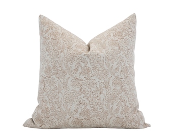 KARINA || Designer Brown Floral Linen Pillow Cover Block Print Pillow Farmhouse Pillow Neutral Brown Throw Pillow Muted Pillow Spring Pillow