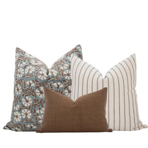 Blue and Brown Pillow Cover Set Block Print Pillow Set Farmhouse Pillow Coastal Pillow Set Blue Floral Pillow Designer Pillow Cover Set