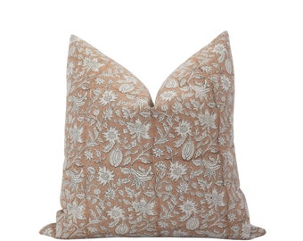 JULIA || Designer Rusty Brown Floral Linen Pillow Cover Block Print Pillow Farmhouse Pillow Rust Floral Pillow Neutral Floral Pillow Cover